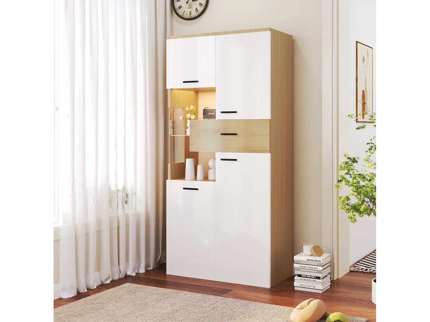 Buffet haut 150 cm, avec éclairage LED, 4 portes, tiroirs, étagères en verre, meuble rangement en Bois, APP, pour salon, manger - Blanc