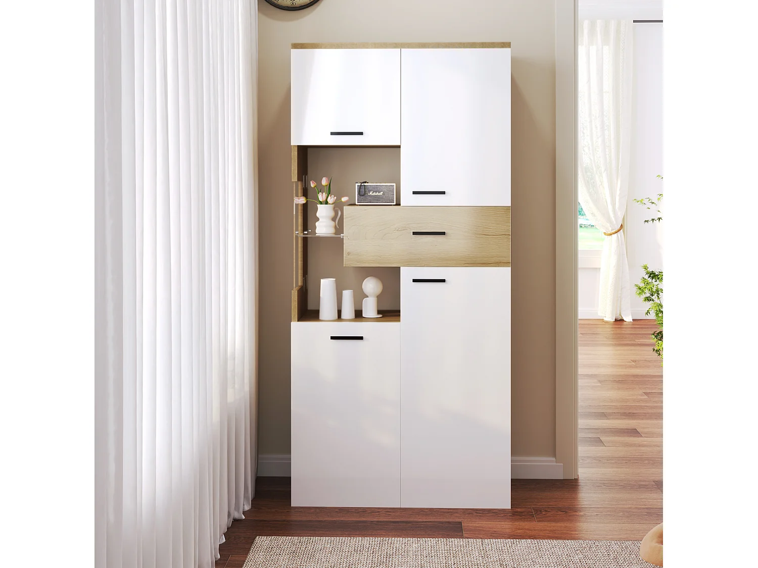 Buffet haut 150 cm, avec éclairage LED, 4 portes, tiroirs, étagères en verre, meuble rangement en Bois, APP, pour salon, manger - Blanc