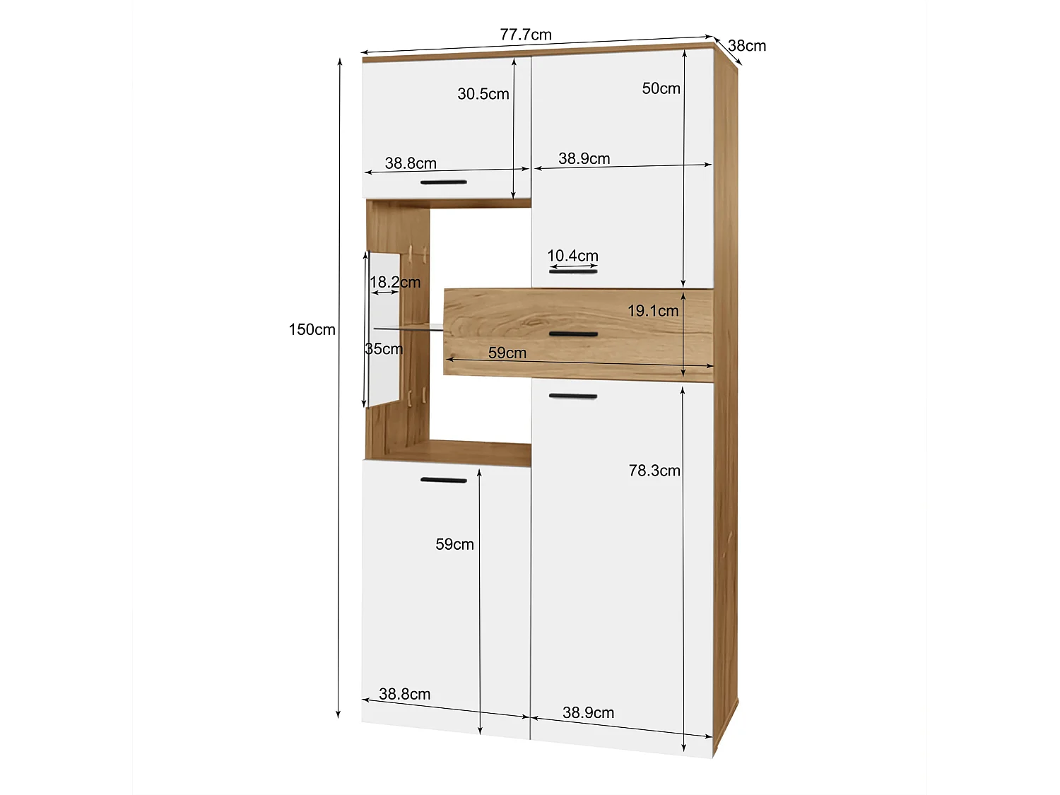 Buffet haut 150 cm, avec éclairage LED, 4 portes, tiroirs, étagères en verre, meuble rangement en Bois, APP, pour salon, manger - Blanc