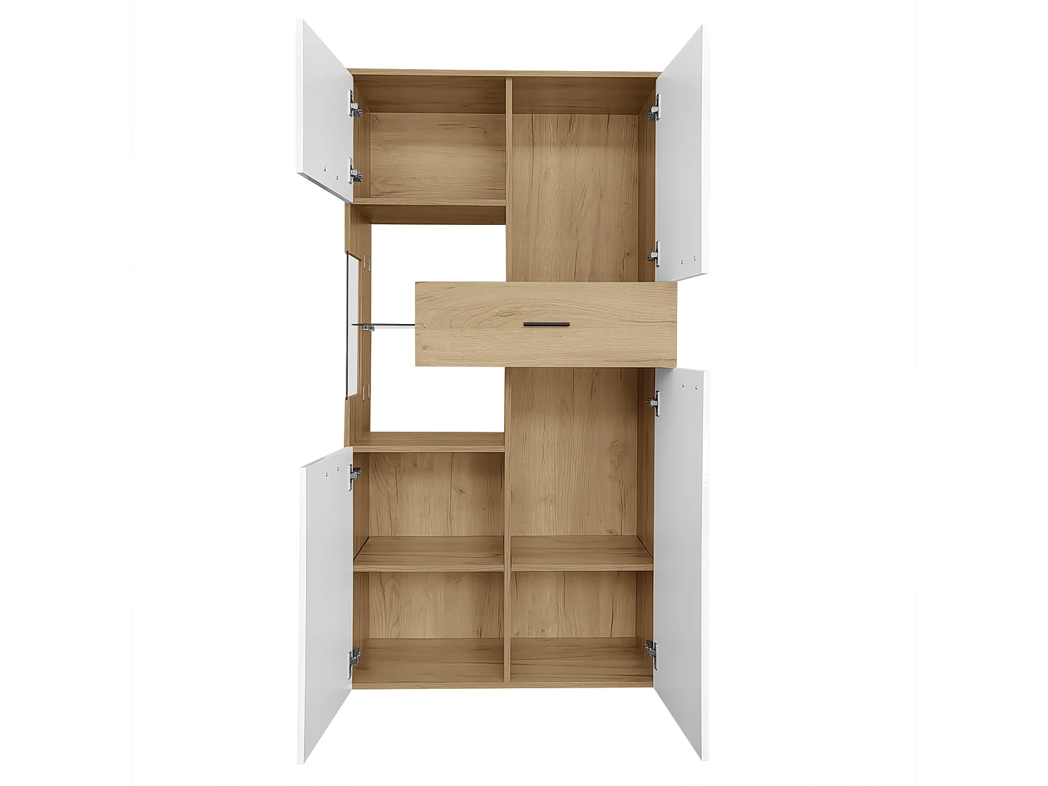 Buffet haut 150 cm, avec éclairage LED, 4 portes, tiroirs, étagères en verre, meuble rangement en Bois, APP, pour salon, manger - Blanc