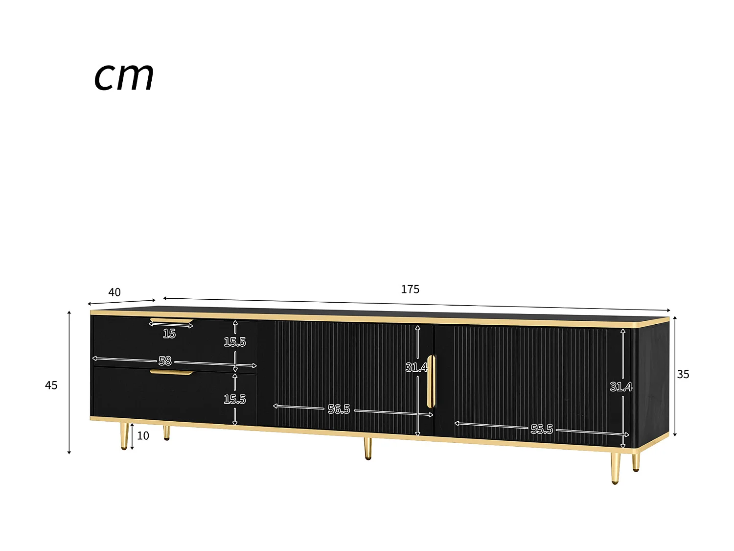 Mueble de TV de 175cm, con 2 cajones, 2 puertas, Patas y tirador de metal dorado, patrones esculpidos, Estilo escandinavo, Mueble de salón de madera - Negro