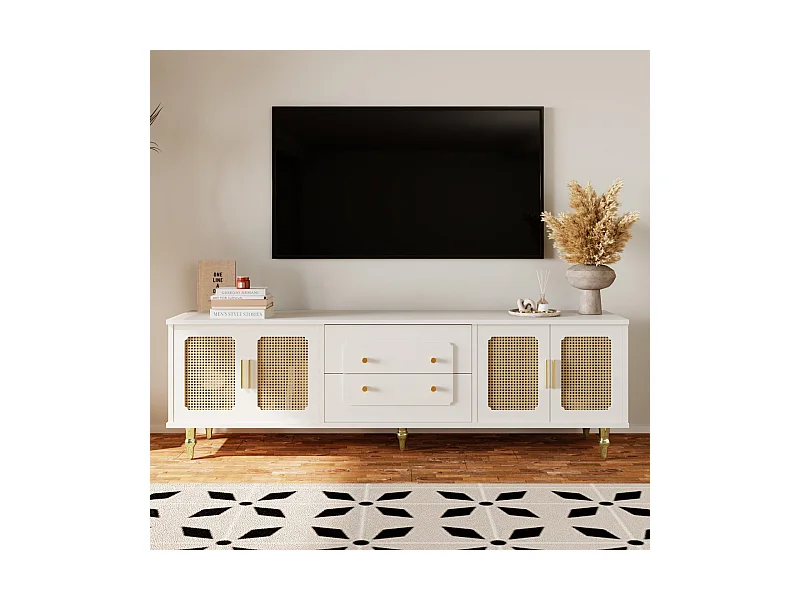 175 cm TV-Schrank, mit 4 Rattantüren, 2 Schubladen, Metallbeinen, Metallgriff, skandinavischer Stil, Wohnzimmermöbel - Weiß