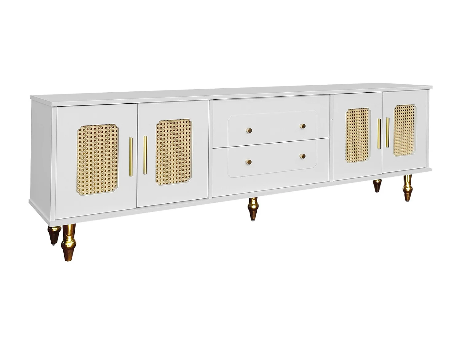 Meuble TV 175cm, avec 4 portes en rotin, 2 tiroirs, Pieds en métal, poignée en métal, style Scandinave, Meuble de salon - Blanc