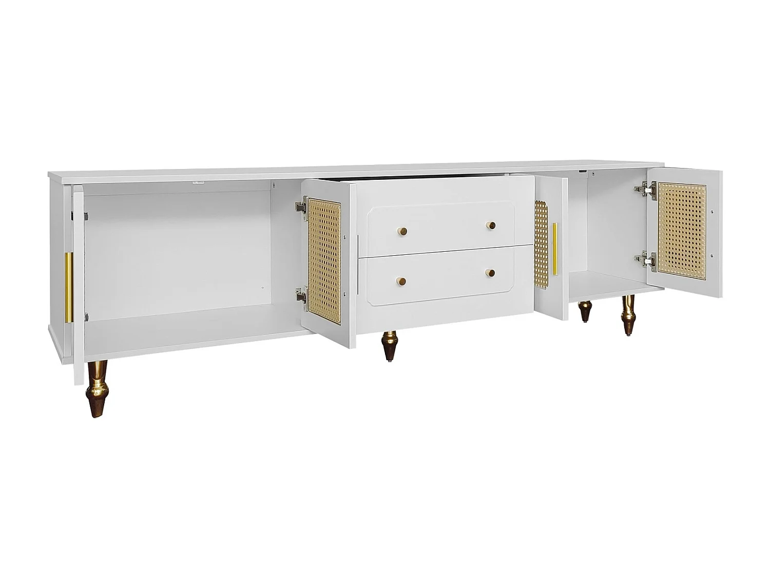 Meuble TV 175cm, avec 4 portes en rotin, 2 tiroirs, Pieds en métal, poignée en métal, style Scandinave, Meuble de salon - Blanc