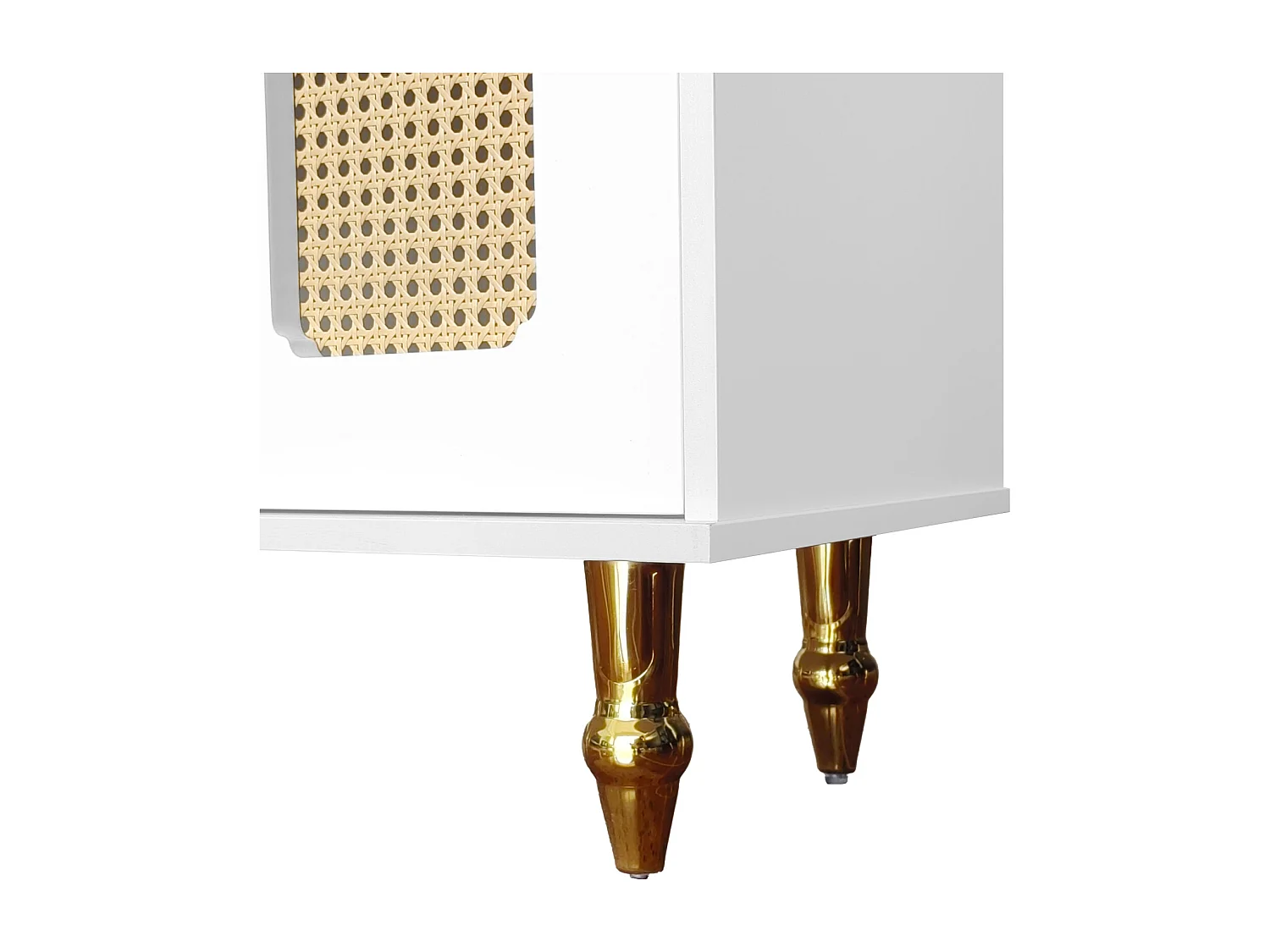 Meuble TV 175cm, avec 4 portes en rotin, 2 tiroirs, Pieds en métal, poignée en métal, style Scandinave, Meuble de salon - Blanc