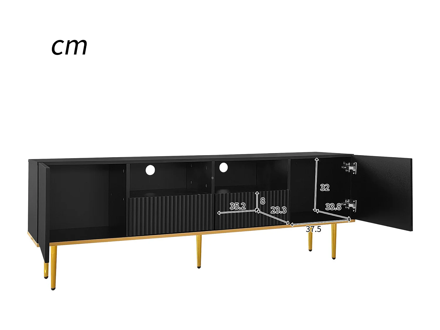 Meuble TV 165x36x55cm, avec 2 portes, 2 tiroirs et 2 compartiments, pieds dorés et bord doré, Noir