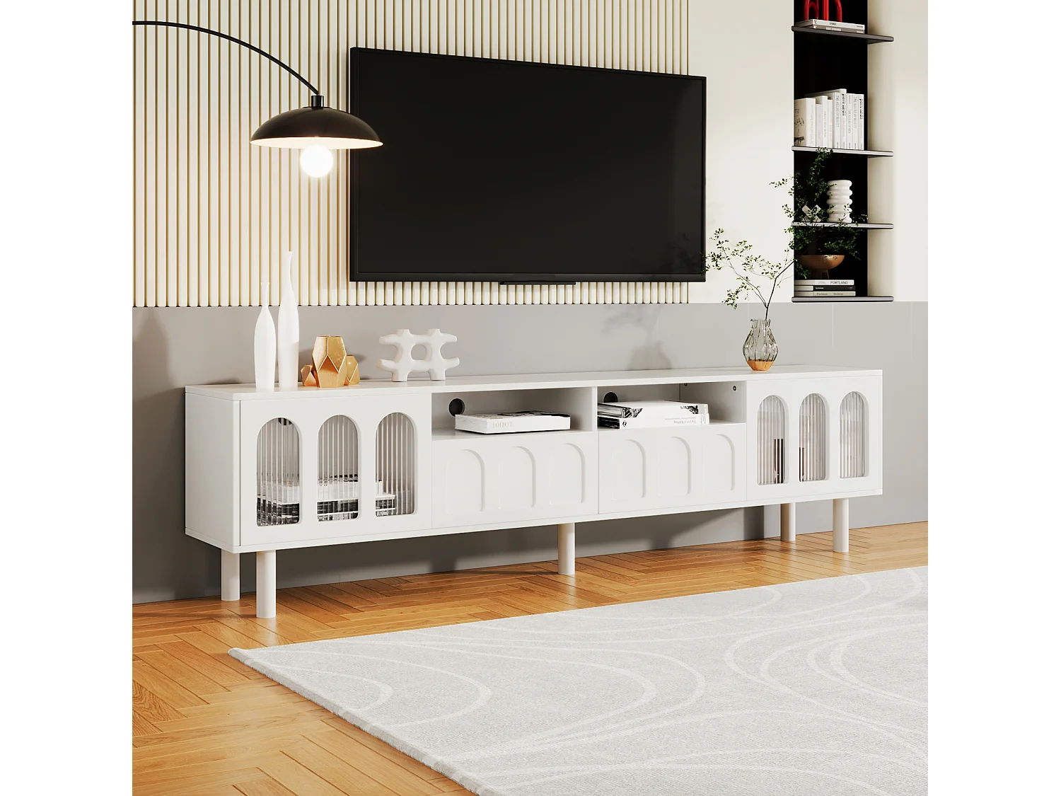 Meuble TV 180cm, avec 2 portes en verre cintré, 2 tiroirs, étagères, scandinave, charnières en metal, meuble salon tele en bois - Blanc
