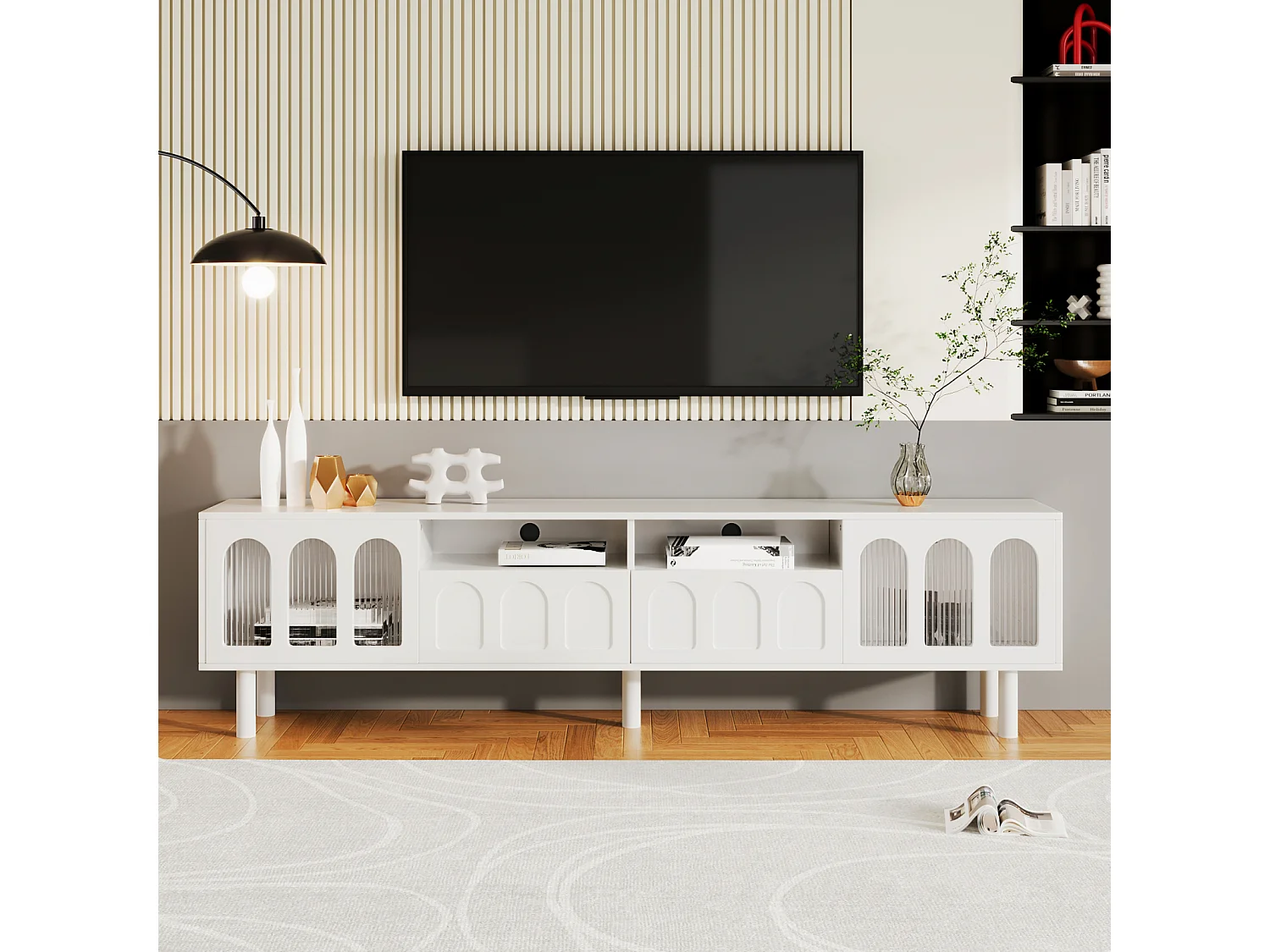 Meuble TV 180cm, avec 2 portes en verre cintré, 2 tiroirs, étagères, scandinave, charnières en metal, meuble salon tele en bois - Blanc