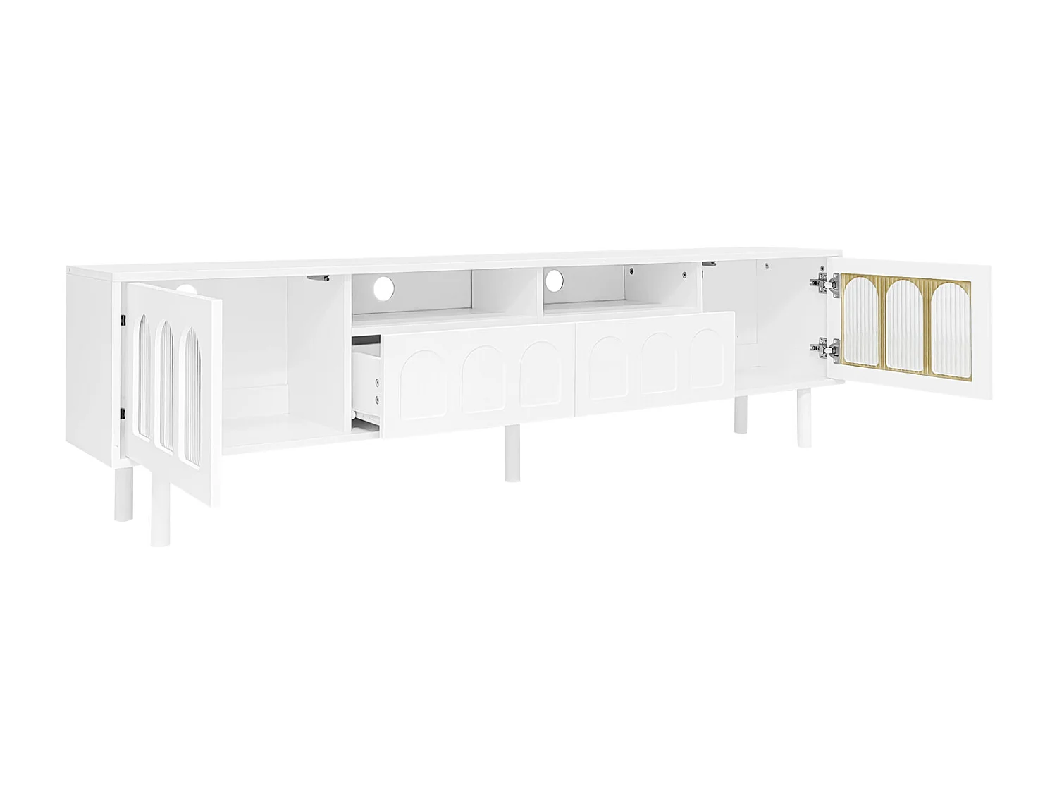 Meuble TV 180cm, avec 2 portes en verre cintré, 2 tiroirs, étagères, scandinave, charnières en metal, meuble salon tele en bois - Blanc