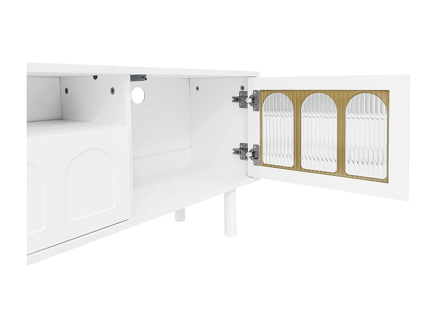 Meuble TV 180cm, avec 2 portes en verre cintré, 2 tiroirs, étagères, scandinave, charnières en metal, meuble salon tele en bois - Blanc