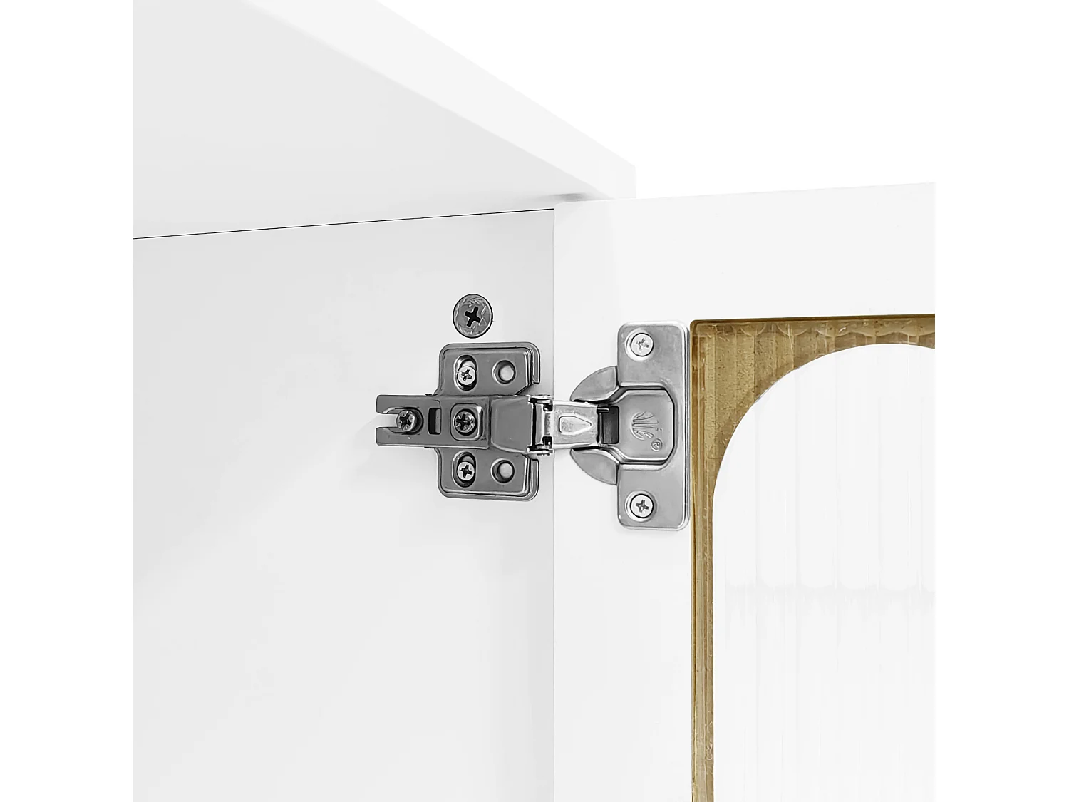 Meuble TV 180cm, avec 2 portes en verre cintré, 2 tiroirs, étagères, scandinave, charnières en metal, meuble salon tele en bois - Blanc