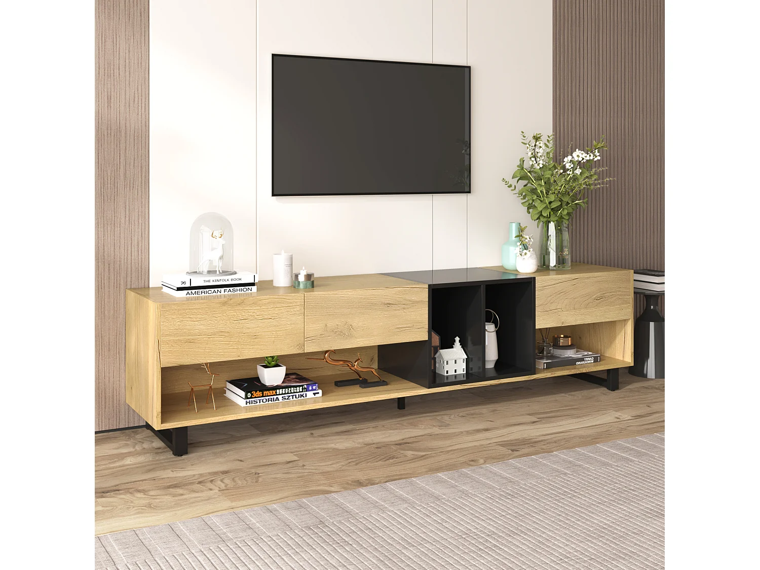 Meuble TV 200cm, avec 3 tiroirs, étagères, Pieds en métal, style vintage industriel, Meuble de salon en bois - Noir