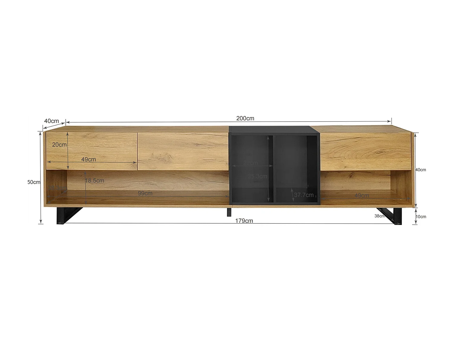 Meuble TV 200cm, avec 3 tiroirs, étagères, Pieds en métal, style vintage industriel, Meuble de salon en bois - Noir