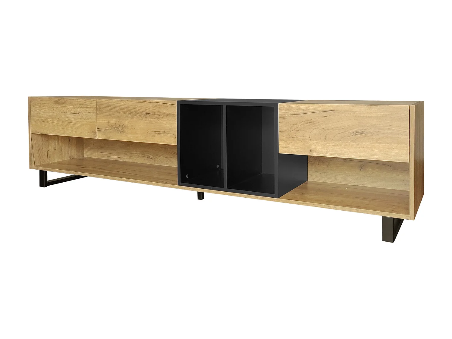 Meuble TV 200cm, avec 3 tiroirs, étagères, Pieds en métal, style vintage industriel, Meuble de salon en bois - Noir