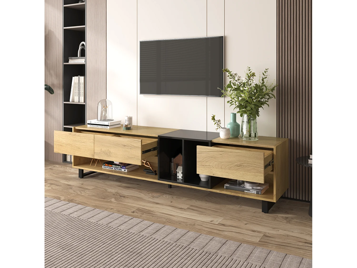 Meuble TV 200cm, avec 3 tiroirs, étagères, Pieds en métal, style vintage industriel, Meuble de salon en bois - Noir