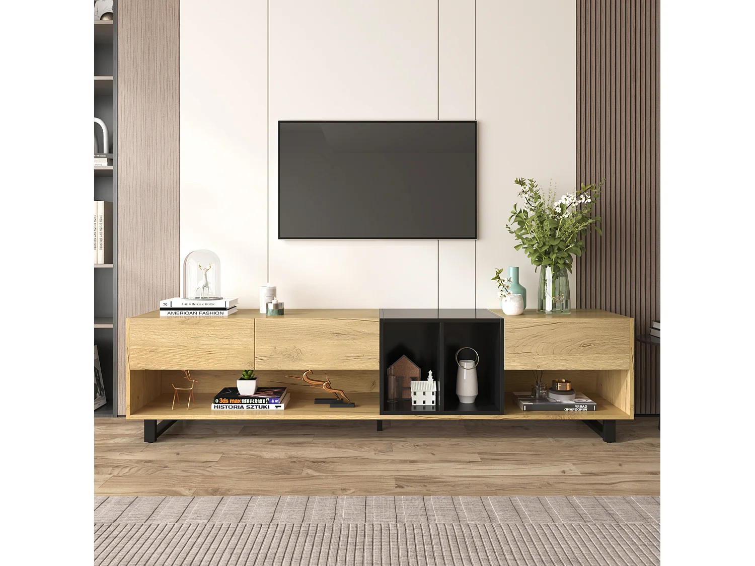 Meuble TV 200cm, avec 3 tiroirs, étagères, Pieds en métal, style vintage industriel, Meuble de salon en bois - Noir