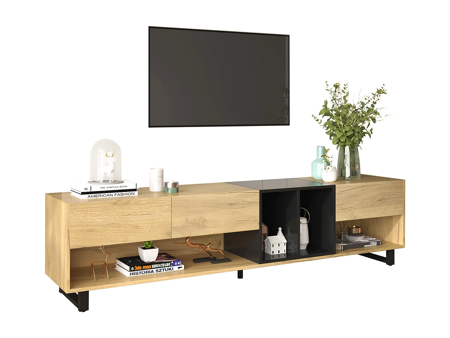 Meuble TV 200cm, avec 3 tiroirs, étagères, Pieds en métal, style vintage industriel, Meuble de salon en bois - Noir