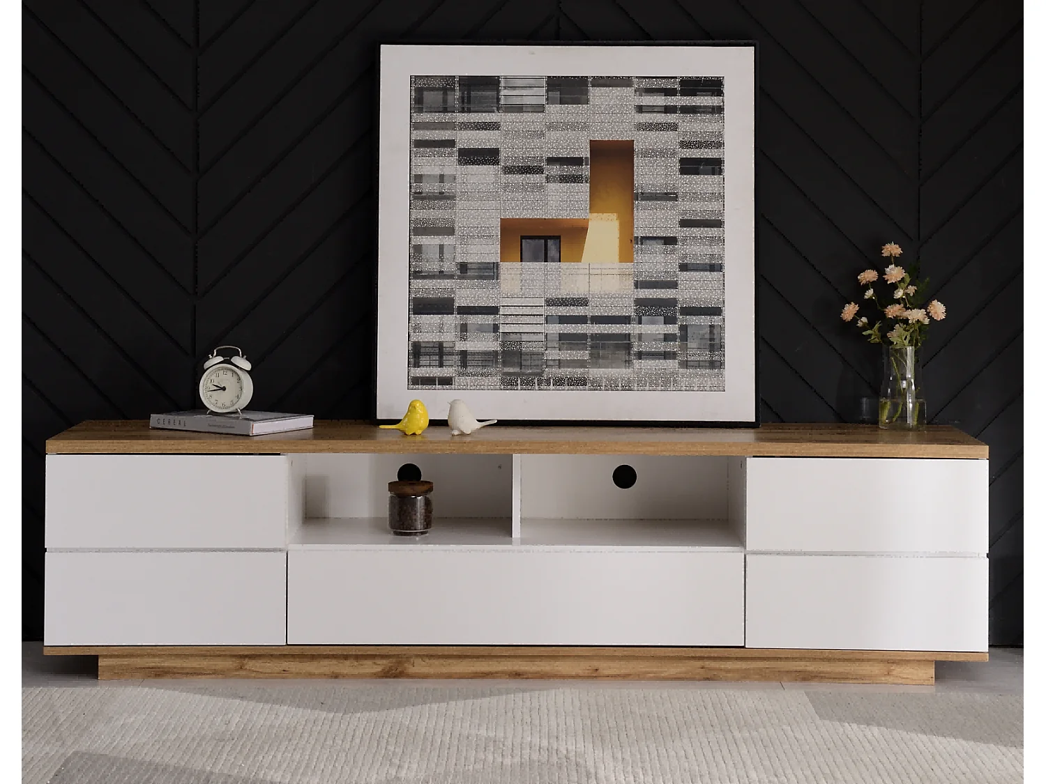 Meuble TV - Contemporain - 5 portes - Étagère - Contreplaqué - Blanc - 180x38x46cm