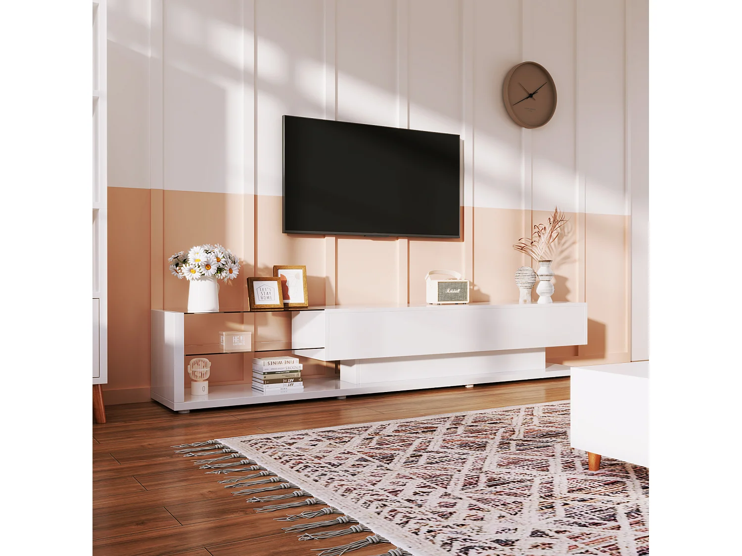 Meuble TV brillant moderne 170x38x36cm, cloisons vitrées et éclairage LED variable, style naturel et rustique, blanc