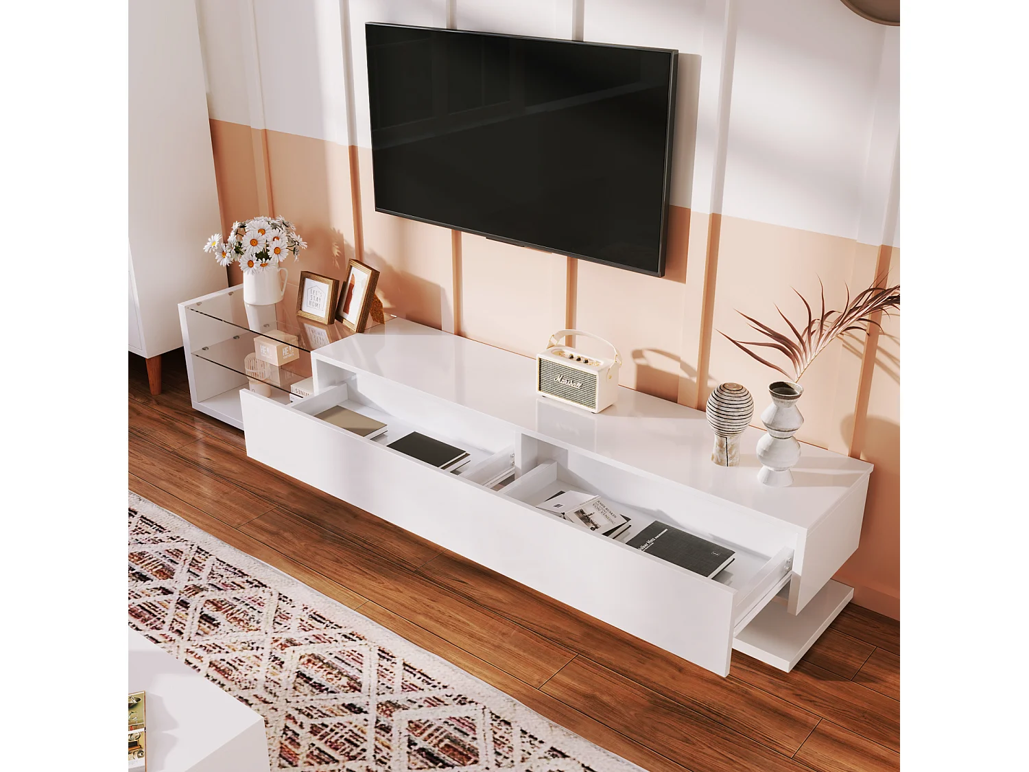 Meuble TV brillant moderne 170x38x36cm, cloisons vitrées et éclairage LED variable, style naturel et rustique, blanc