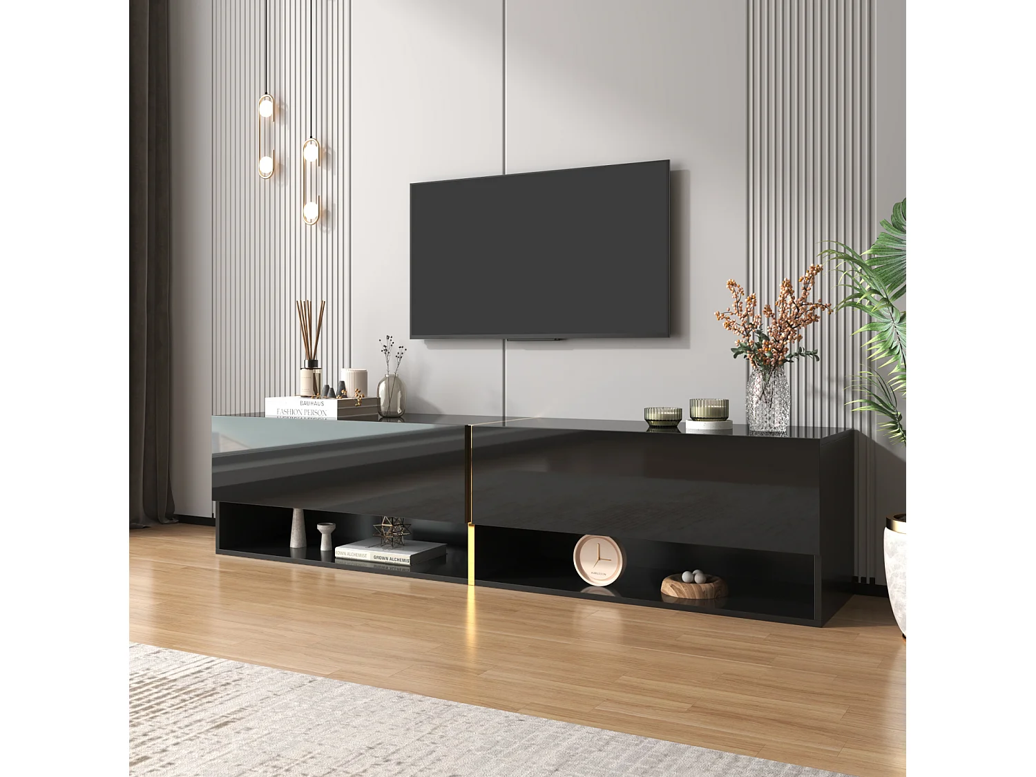 Meuble TV mural-à poser 172x35x40cm, avec 2 portes, rangement combiné, pour TV 60-69 ins, panneaux de particules, noir