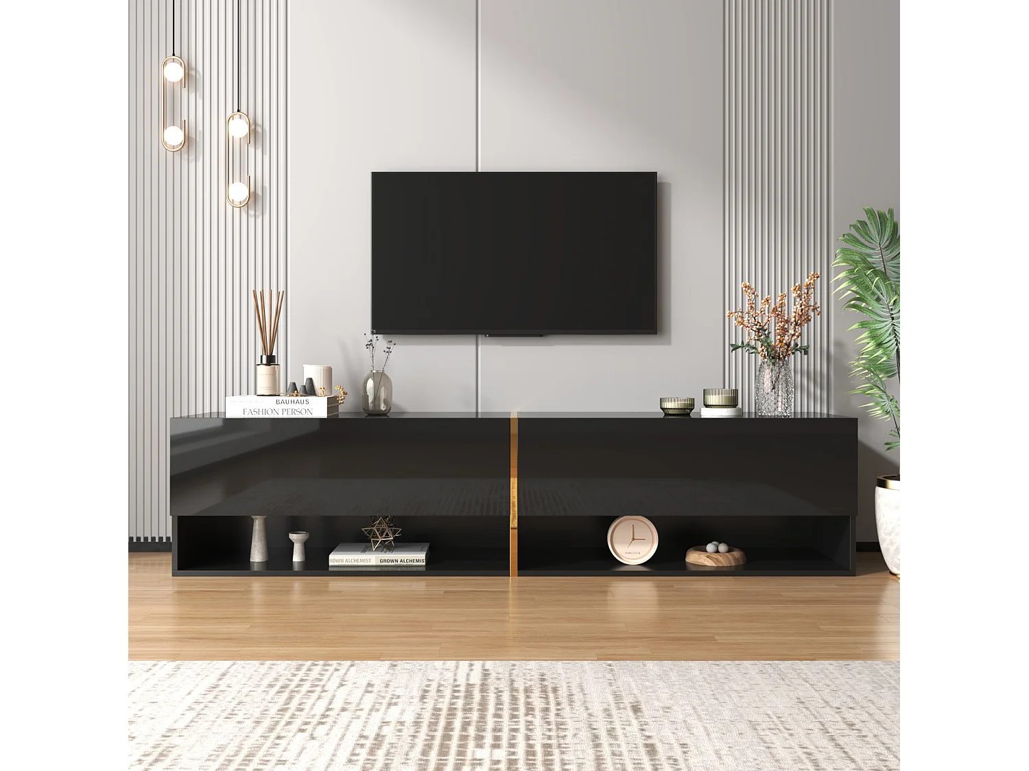 Meuble TV mural-à poser 172x35x40cm, avec 2 portes, rangement combiné, pour TV 60-69 ins, panneaux de particules, noir