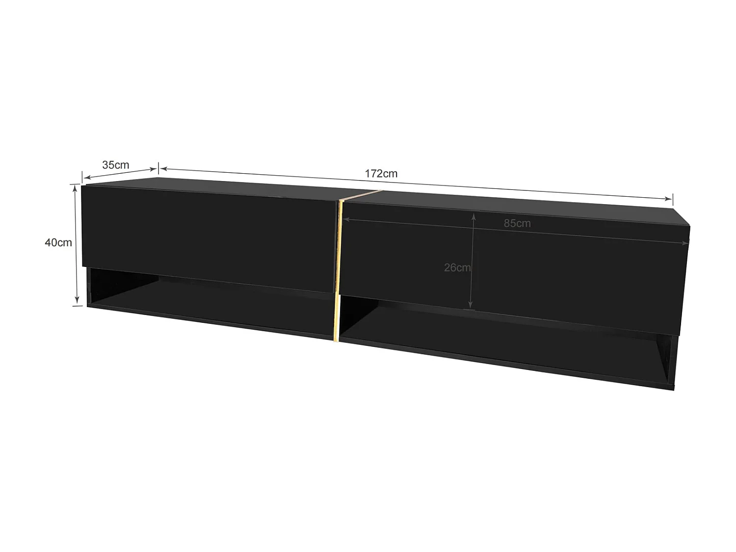 Meuble TV mural-à poser 172x35x40cm, avec 2 portes, rangement combiné, pour TV 60-69 ins, panneaux de particules, noir