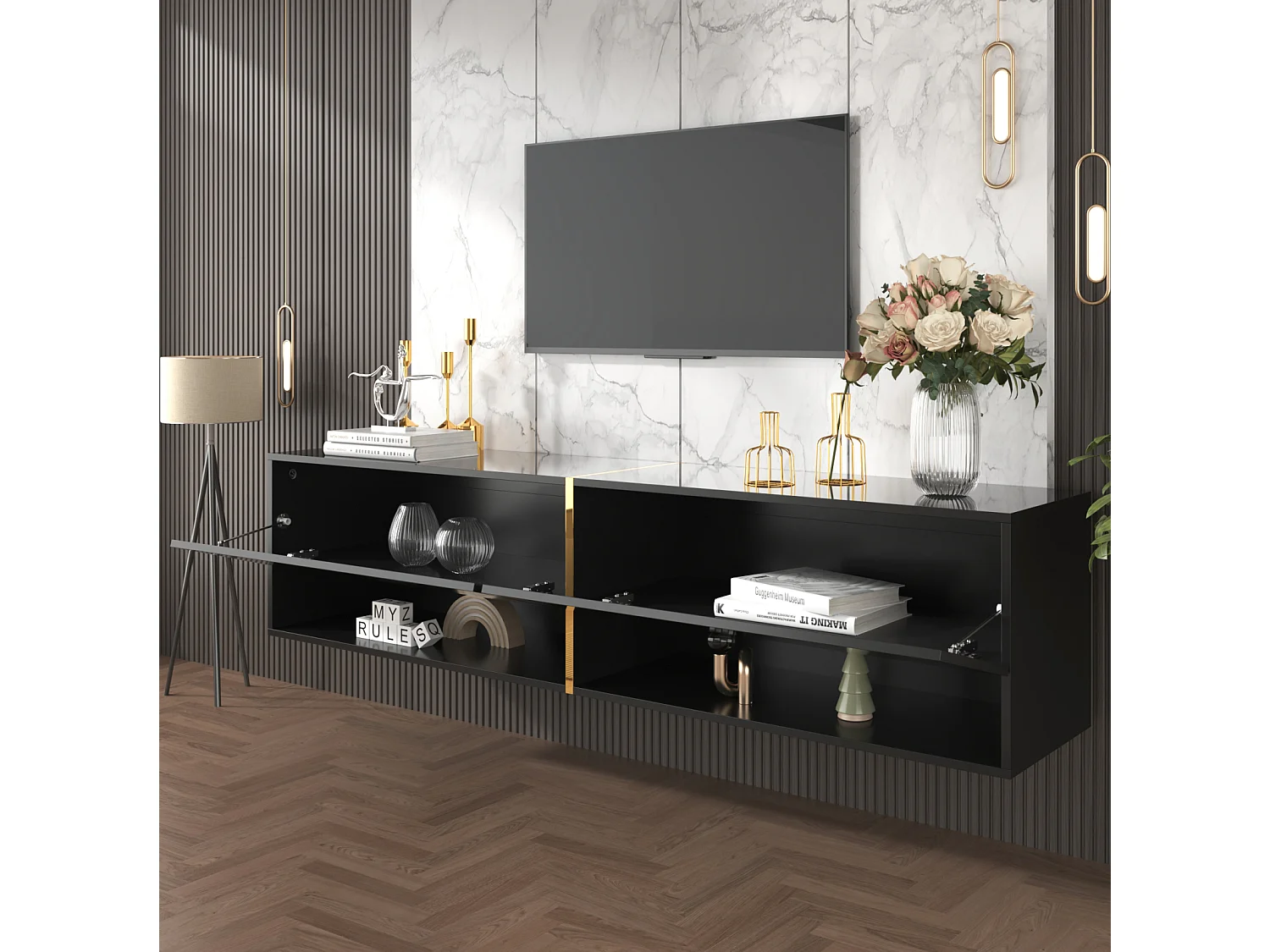 Meuble TV mural-à poser 172x35x40cm, avec 2 portes, rangement combiné, pour TV 60-69 ins, panneaux de particules, noir