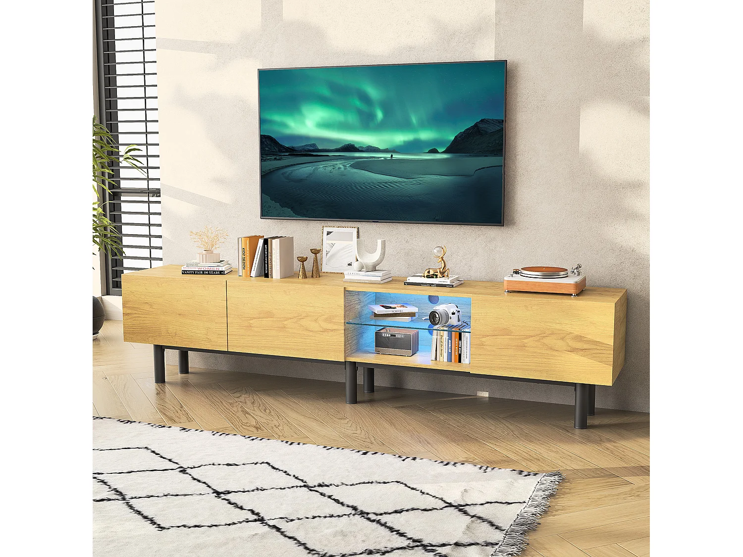 Industriële TV-kast met LED, 3 deuren 2 planken, 175x31x41cm, naturel
