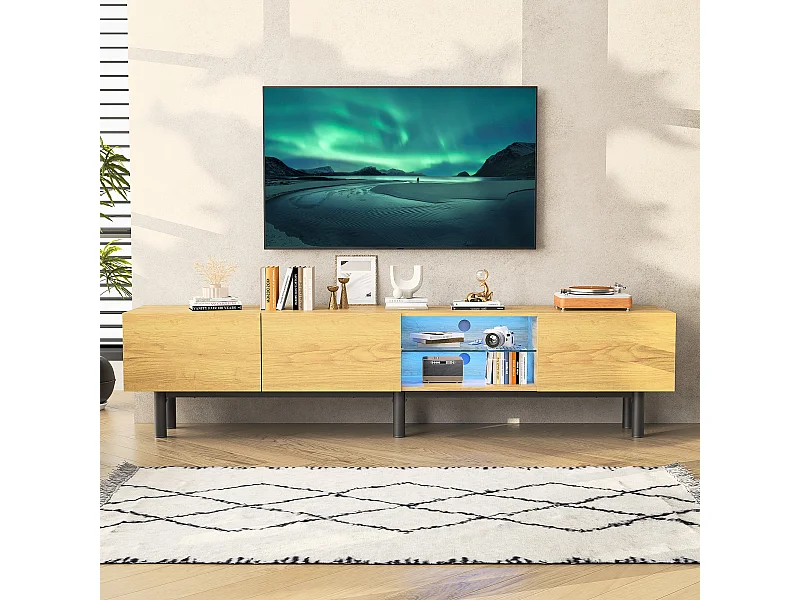 Meuble TV Industriel avec LED, 3 portes 2 étagères, 175x31x41cm, natural