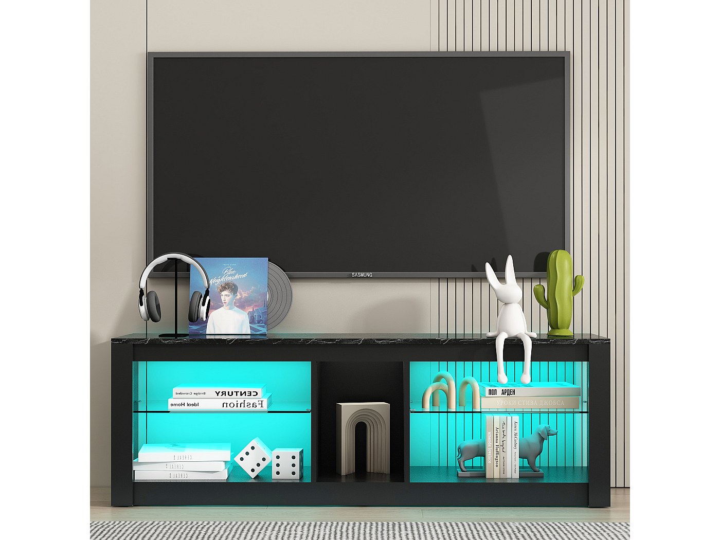 Buffet Meuble TV avec 2 armoires et 5 étagères ouvertes éclairage LED
