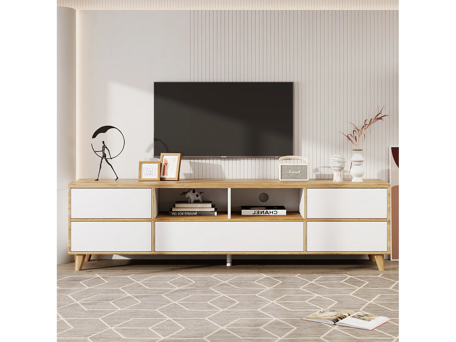 Meuble TV tyle campagnard naturel avec tiroirs, compartiments et portes en blanc et couleurs bois - 175 L x 37 B x 51H(cm)