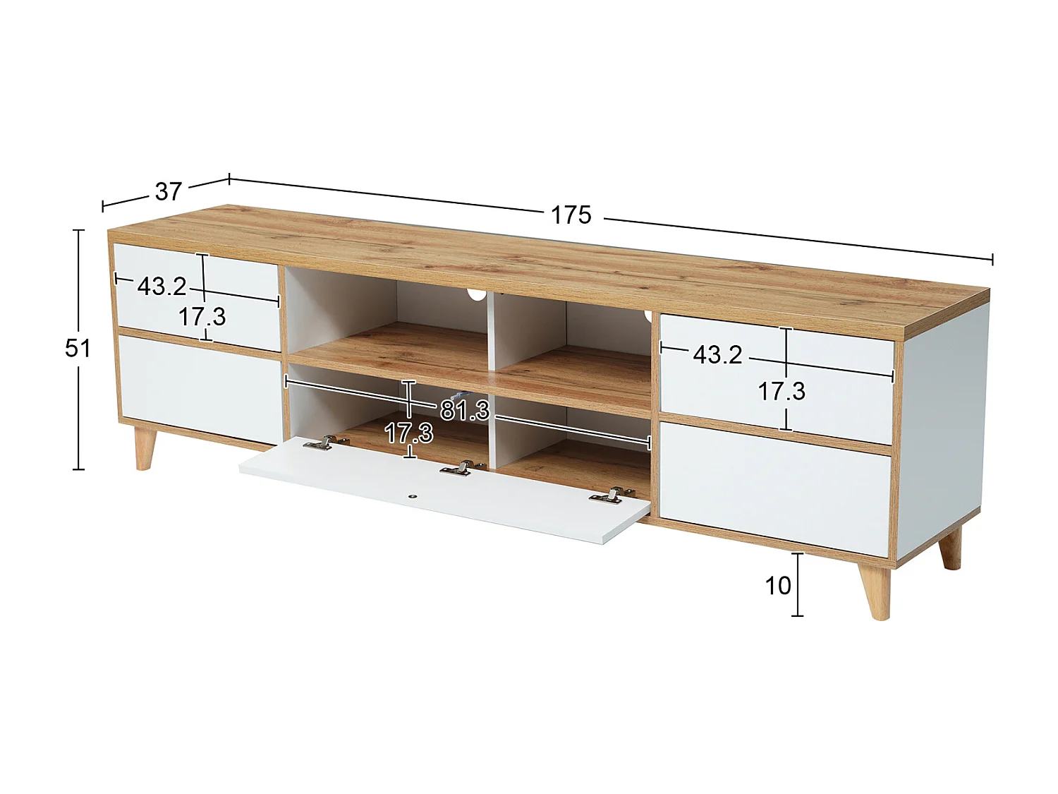 Meuble TV tyle campagnard naturel avec tiroirs, compartiments et portes en blanc et couleurs bois - 175 L x 37 B x 51H(cm)