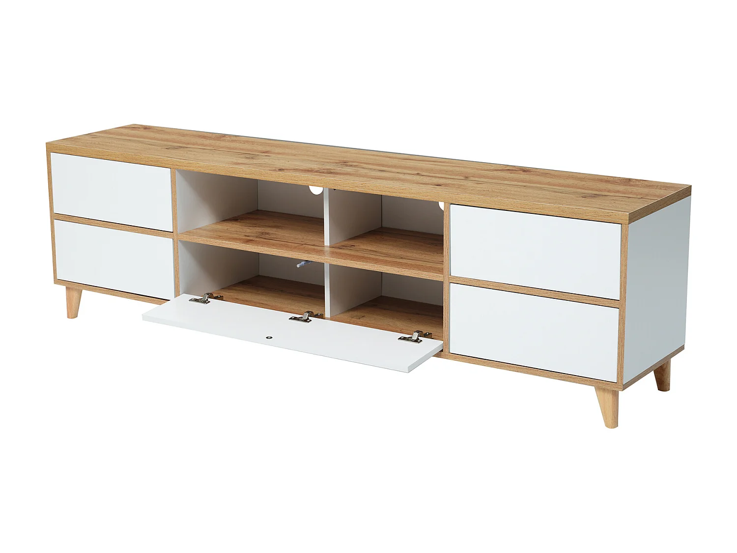 Meuble TV tyle campagnard naturel avec tiroirs, compartiments et portes en blanc et couleurs bois - 175 L x 37 B x 51H(cm)