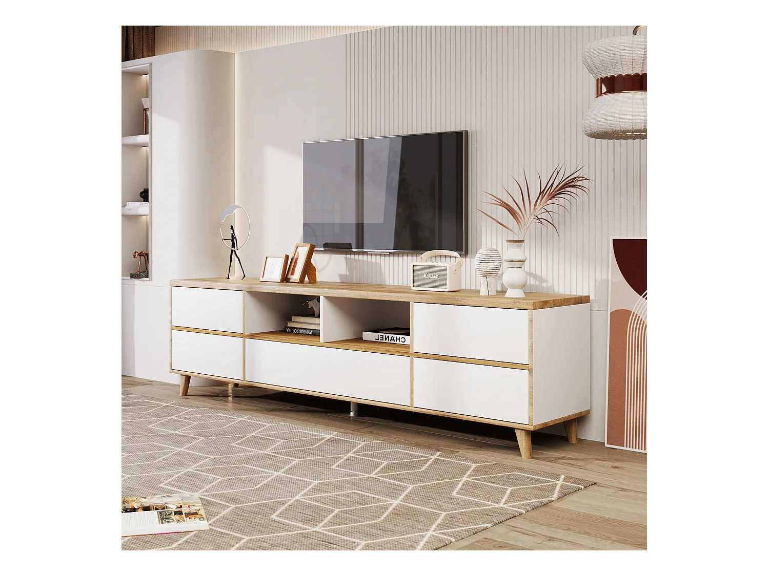 Meuble TV tyle campagnard naturel avec tiroirs, compartiments et portes en blanc et couleurs bois - 175 L x 37 B x 51H(cm)