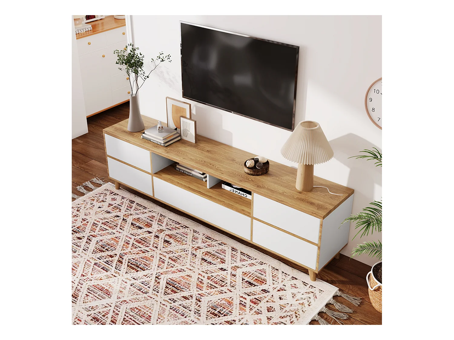 Meuble TV tyle campagnard naturel avec tiroirs, compartiments et portes en blanc et couleurs bois - 175 L x 37 B x 51H(cm)