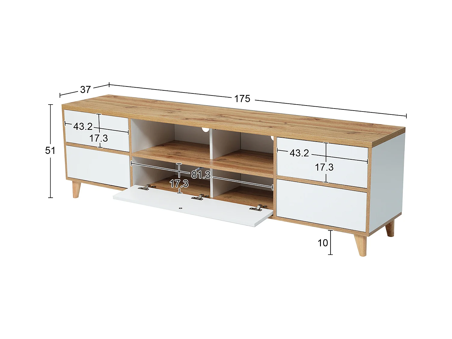 Meuble TV tyle campagnard naturel avec tiroirs, compartiments et portes en blanc et couleurs bois - 175 L x 37 B x 51H(cm)