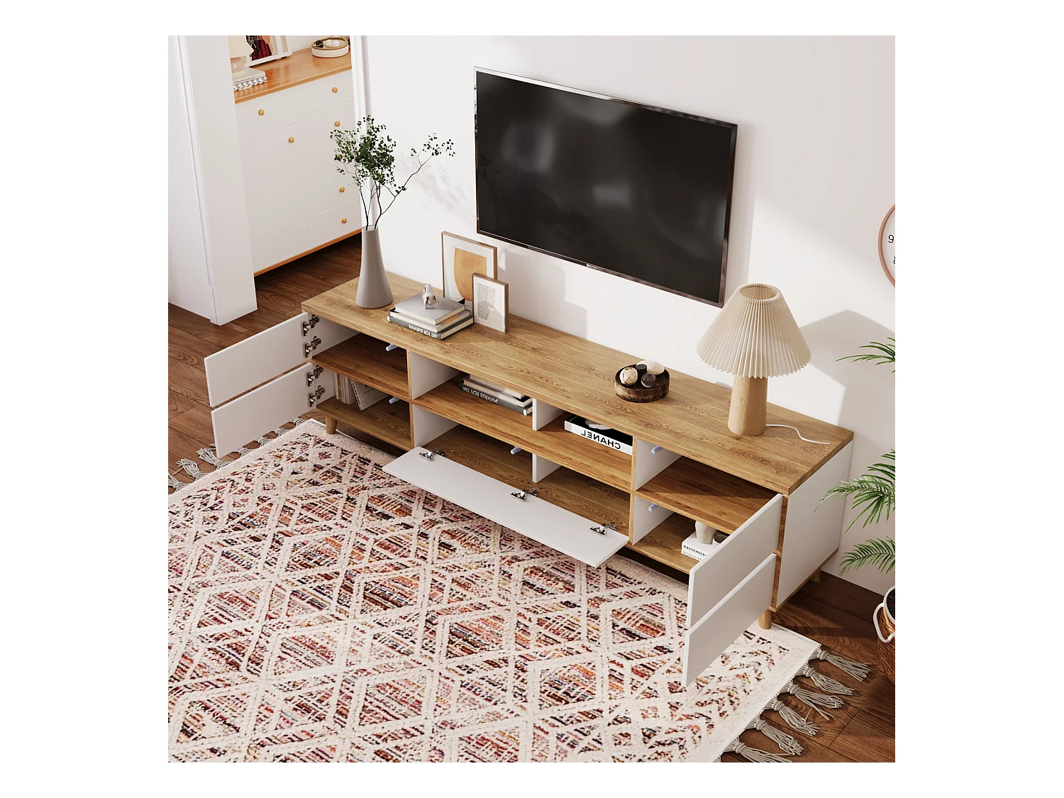 Meuble TV tyle campagnard naturel avec tiroirs, compartiments et portes en blanc et couleurs bois - 175 L x 37 B x 51H(cm)