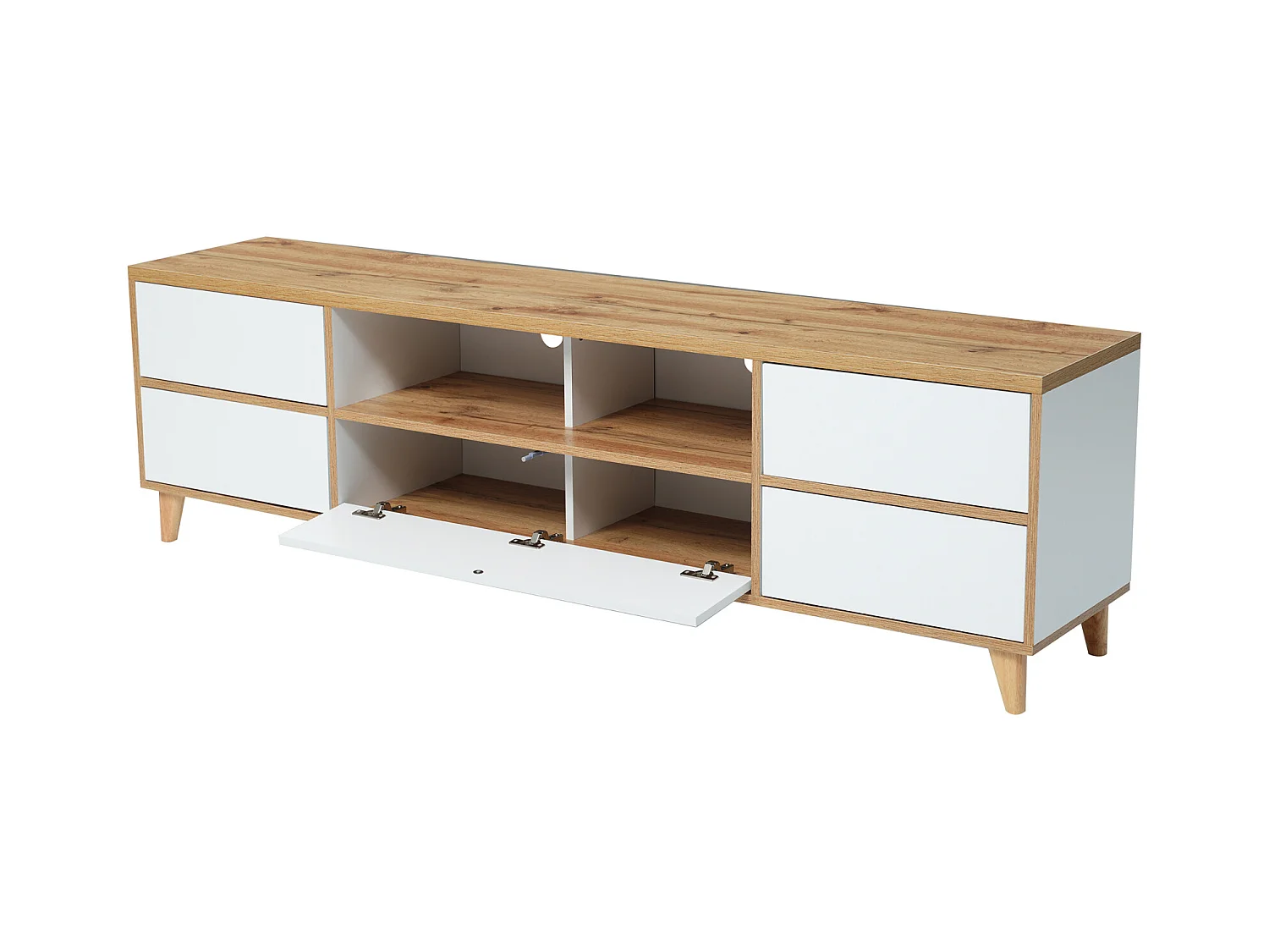 Meuble TV tyle campagnard naturel avec tiroirs, compartiments et portes en blanc et couleurs bois - 175 L x 37 B x 51H(cm)