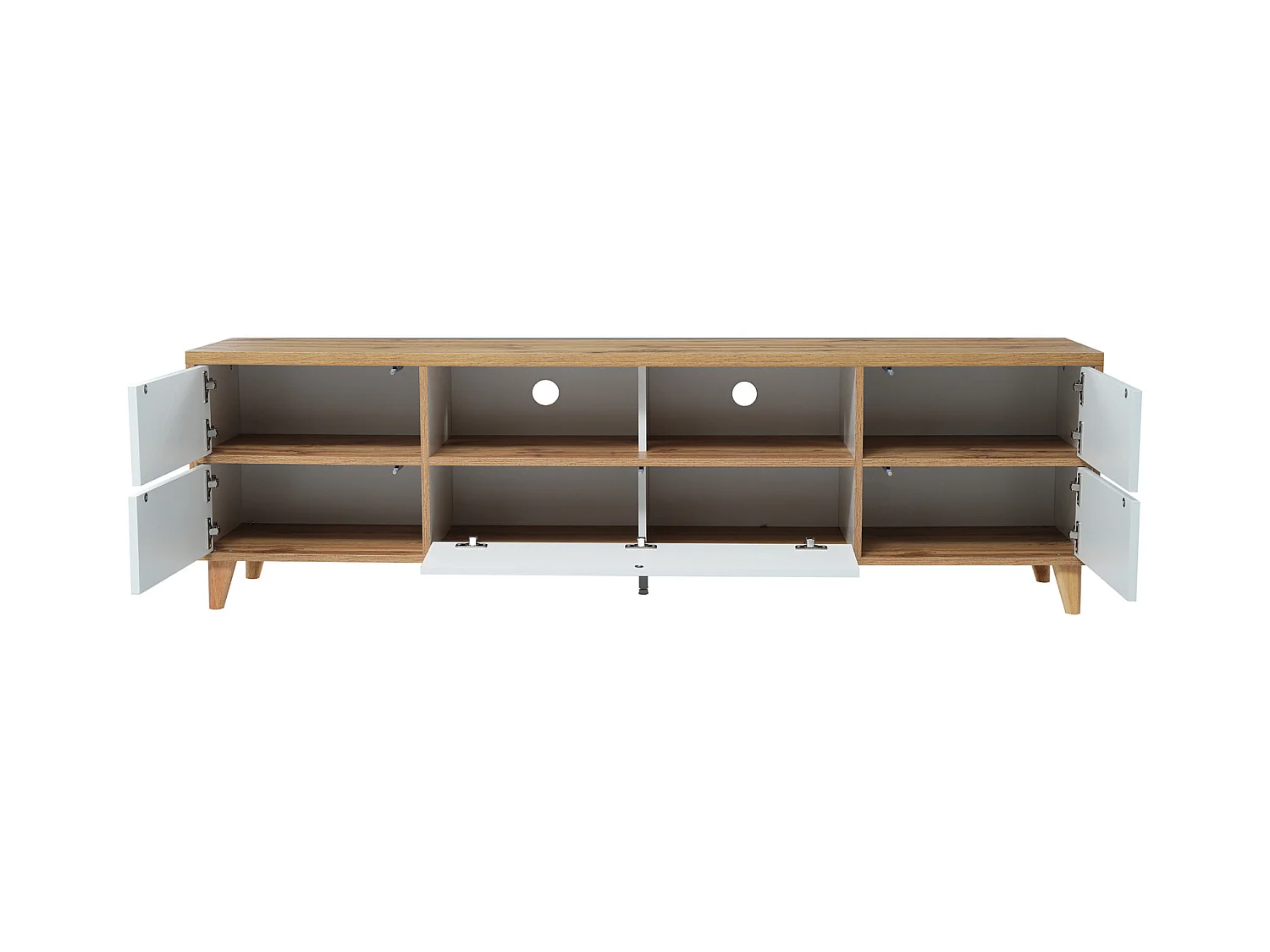 Meuble TV tyle campagnard naturel avec tiroirs, compartiments et portes en blanc et couleurs bois - 175 L x 37 B x 51H(cm)