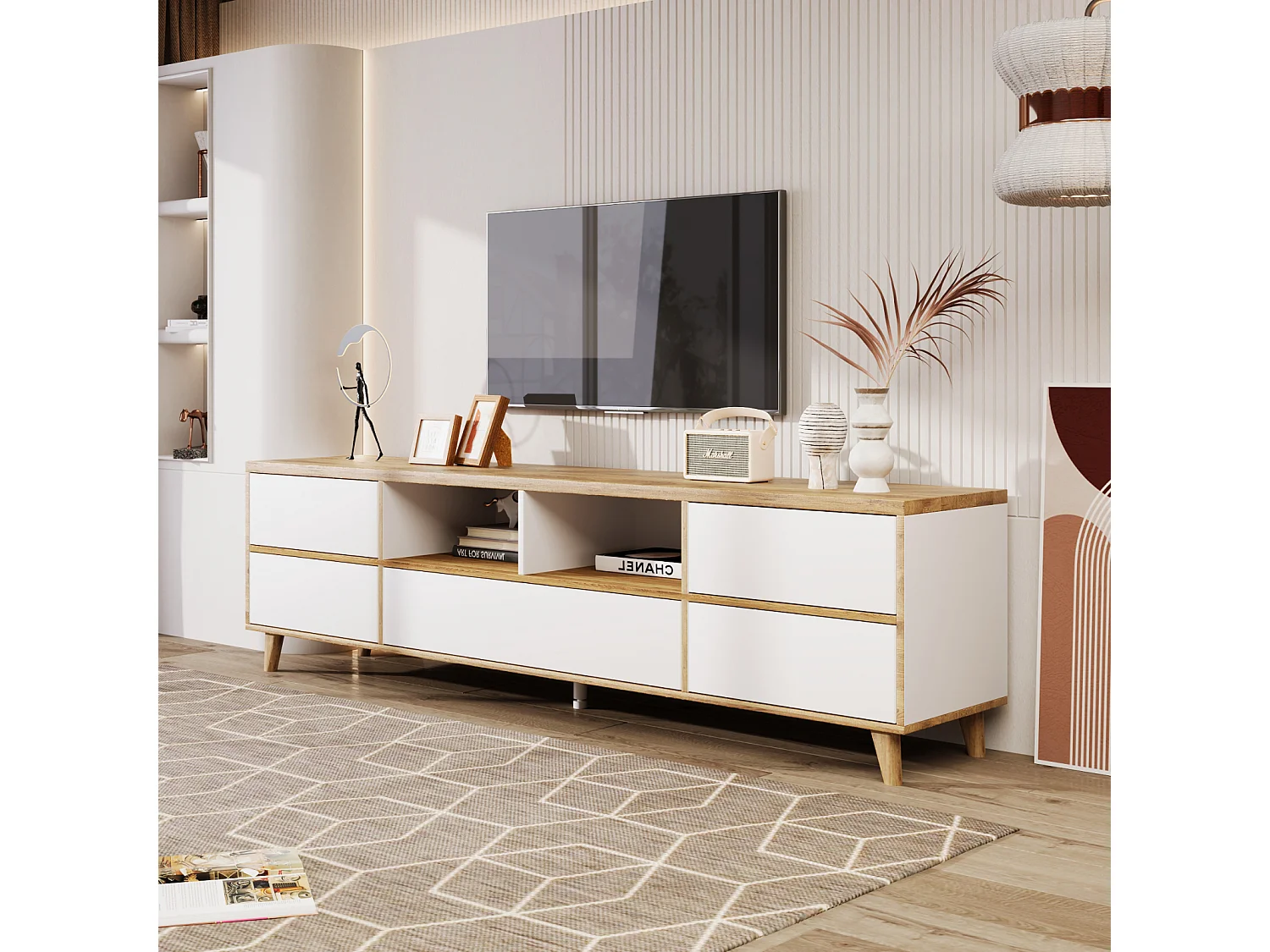 TV-meubel in natuurlijke landelijke stijl met laden, vakken en deuren in de kleuren wit en hout - 175 L x 37 B x 51 H (cm)