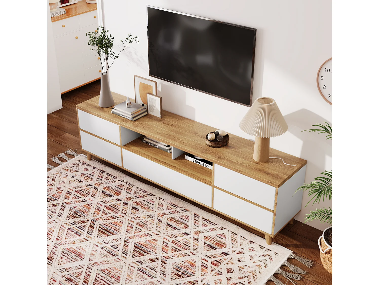 TV-meubel in natuurlijke landelijke stijl met laden, vakken en deuren in de kleuren wit en hout - 175 L x 37 B x 51 H (cm)