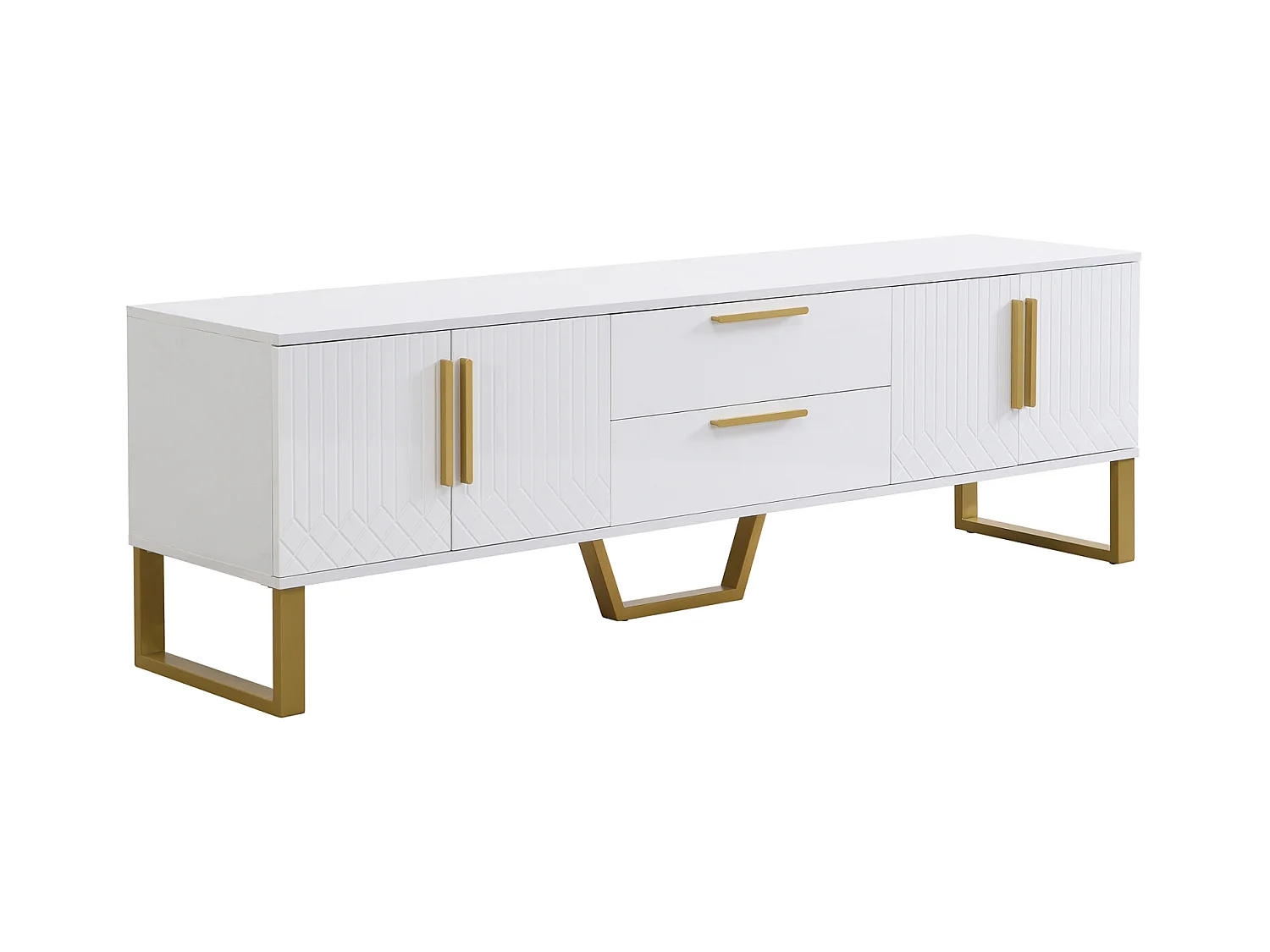 Meuble TV 170x40x53cm, en MDF, avec 4 portes design texture gravée, 2 tiroirs, luxe, élégante, blanc