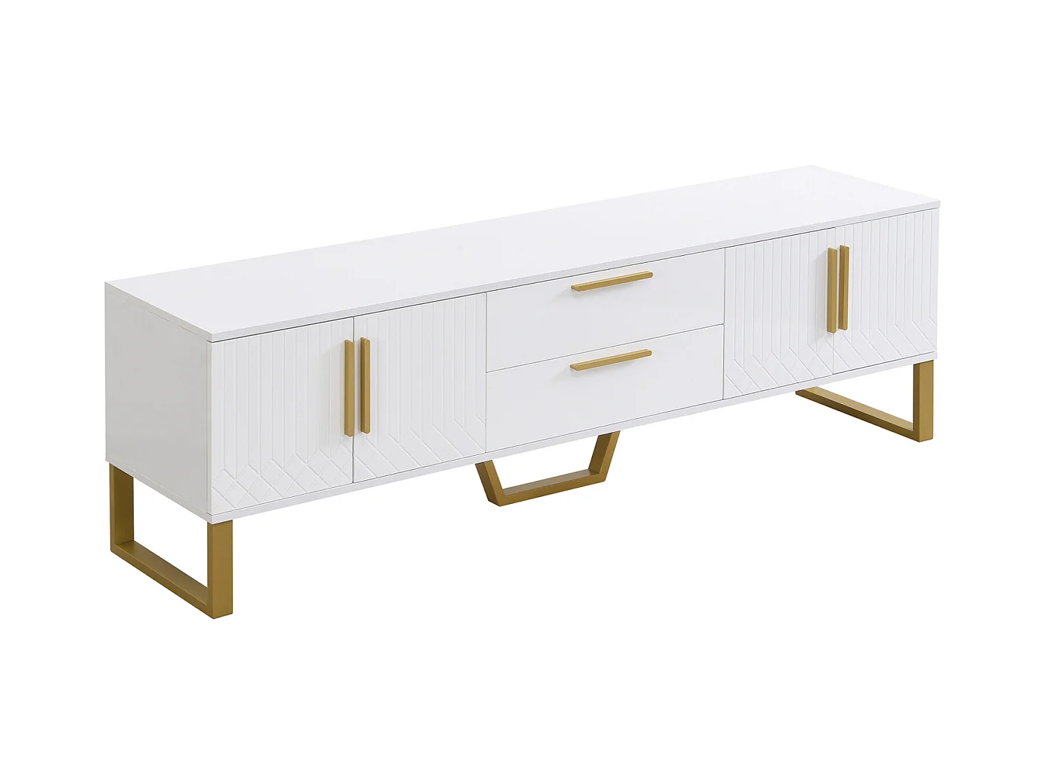 Meuble TV 170x40x53cm, en MDF, avec 4 portes design texture gravée, 2 tiroirs, luxe, élégante, blanc