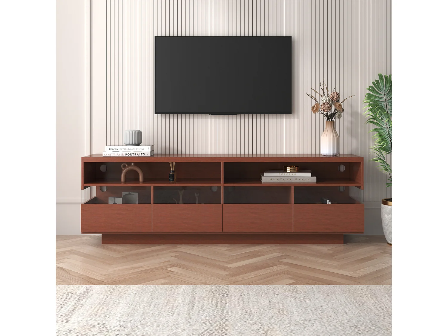 Meuble TV en bois 173,5x55x38cm, panneau bas avecLED, 2 compartiments et 4 tiroirs, beaucoup d'espace de rangement, Naturel