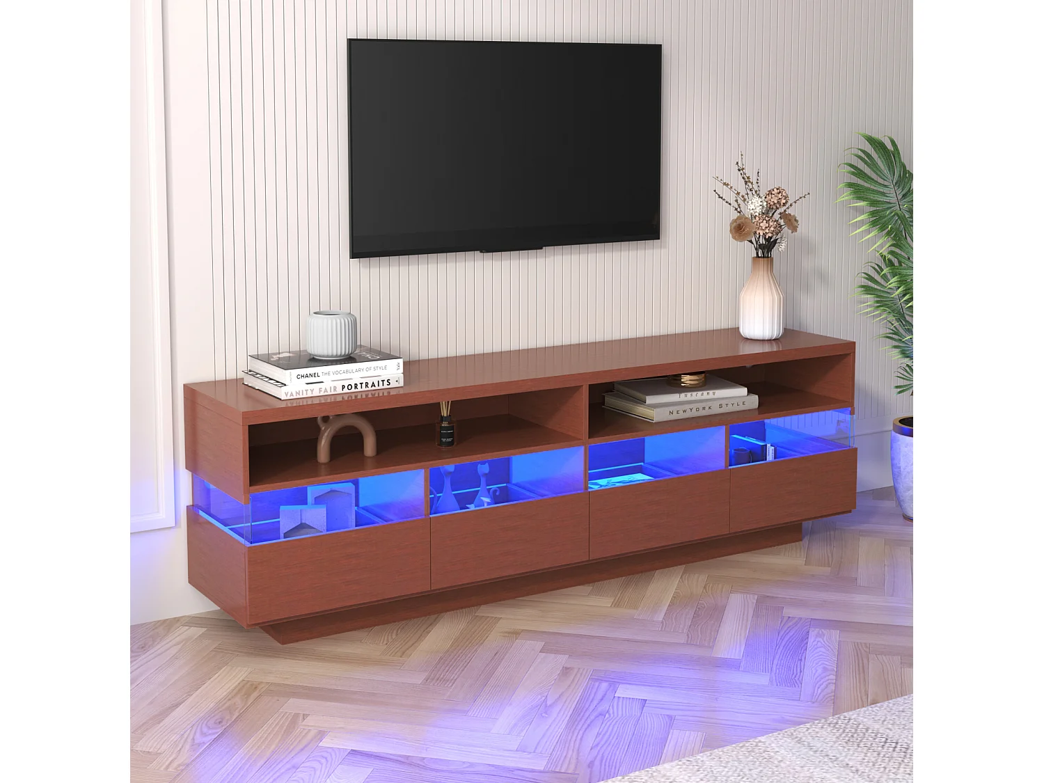Meuble TV en bois 173,5x55x38cm, panneau bas avecLED, 2 compartiments et 4 tiroirs, beaucoup d'espace de rangement, Naturel