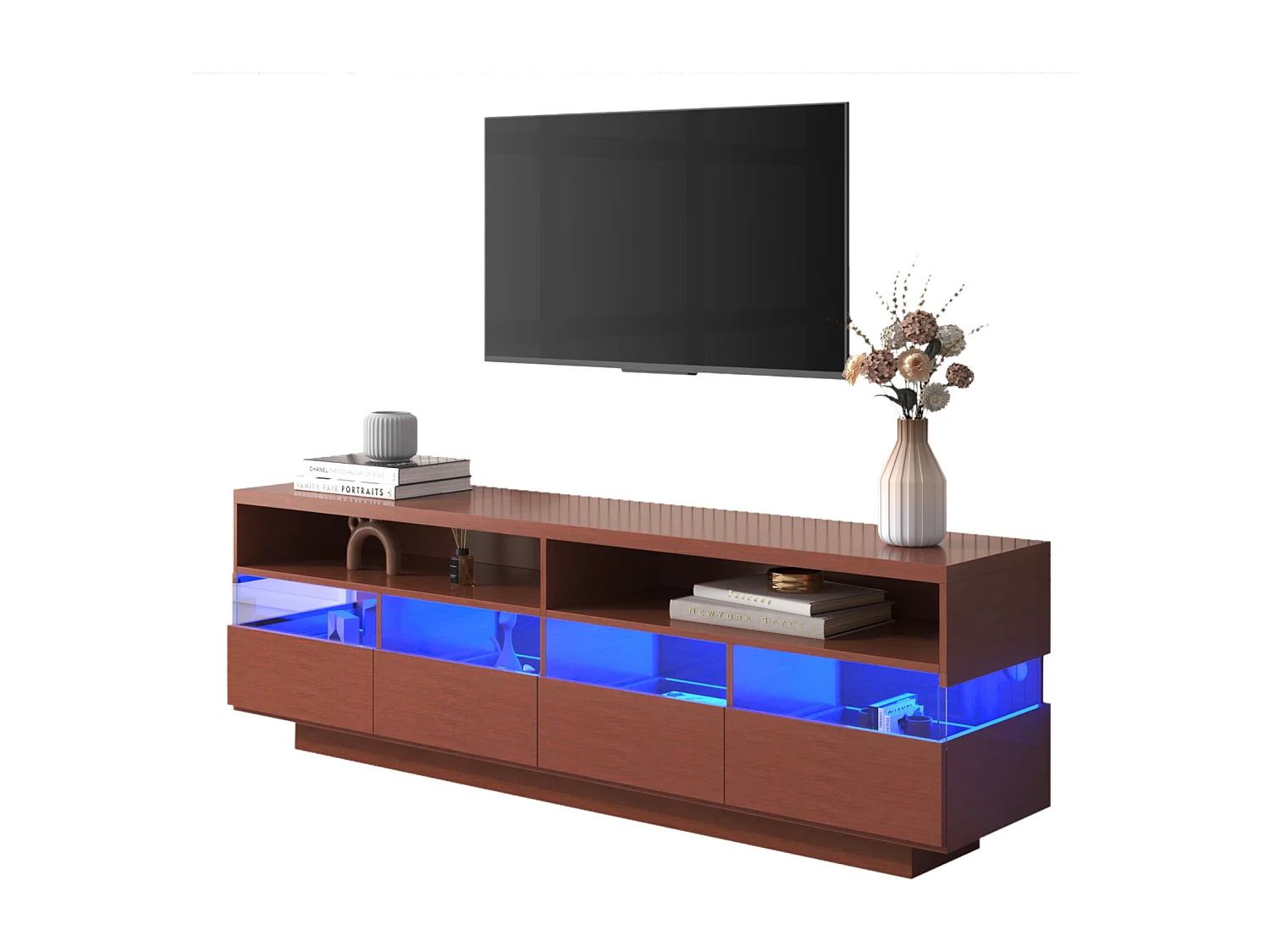 Meuble TV en bois 173,5x55x38cm, panneau bas avecLED, 2 compartiments et 4 tiroirs, beaucoup d'espace de rangement, Naturel