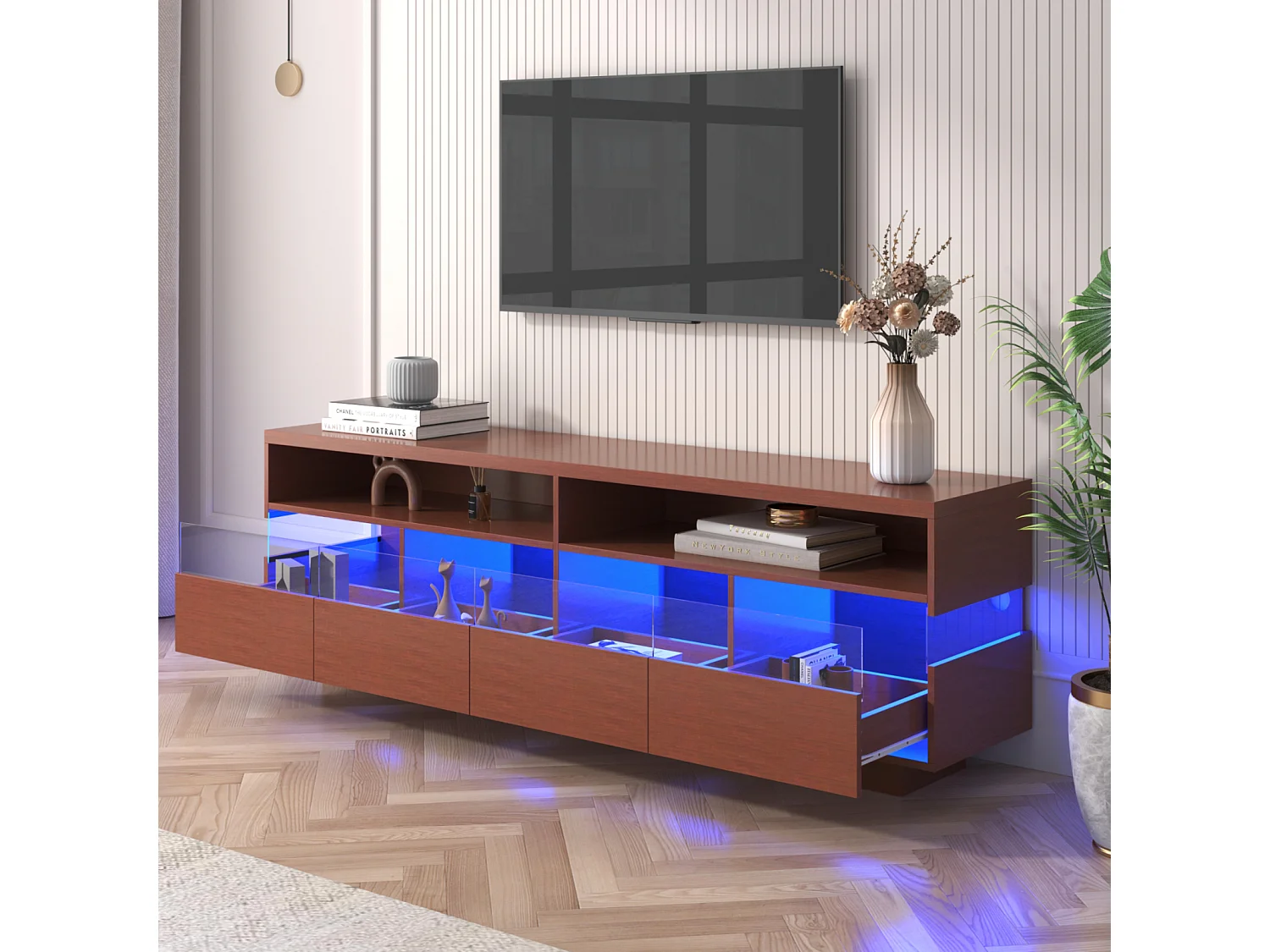 Meuble TV en bois 173,5x55x38cm, panneau bas avecLED, 2 compartiments et 4 tiroirs, beaucoup d'espace de rangement, Naturel