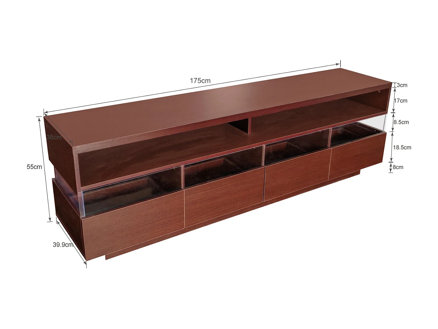 Meuble TV en bois 173,5x55x38cm, panneau bas avecLED, 2 compartiments et 4 tiroirs, beaucoup d'espace de rangement, Naturel