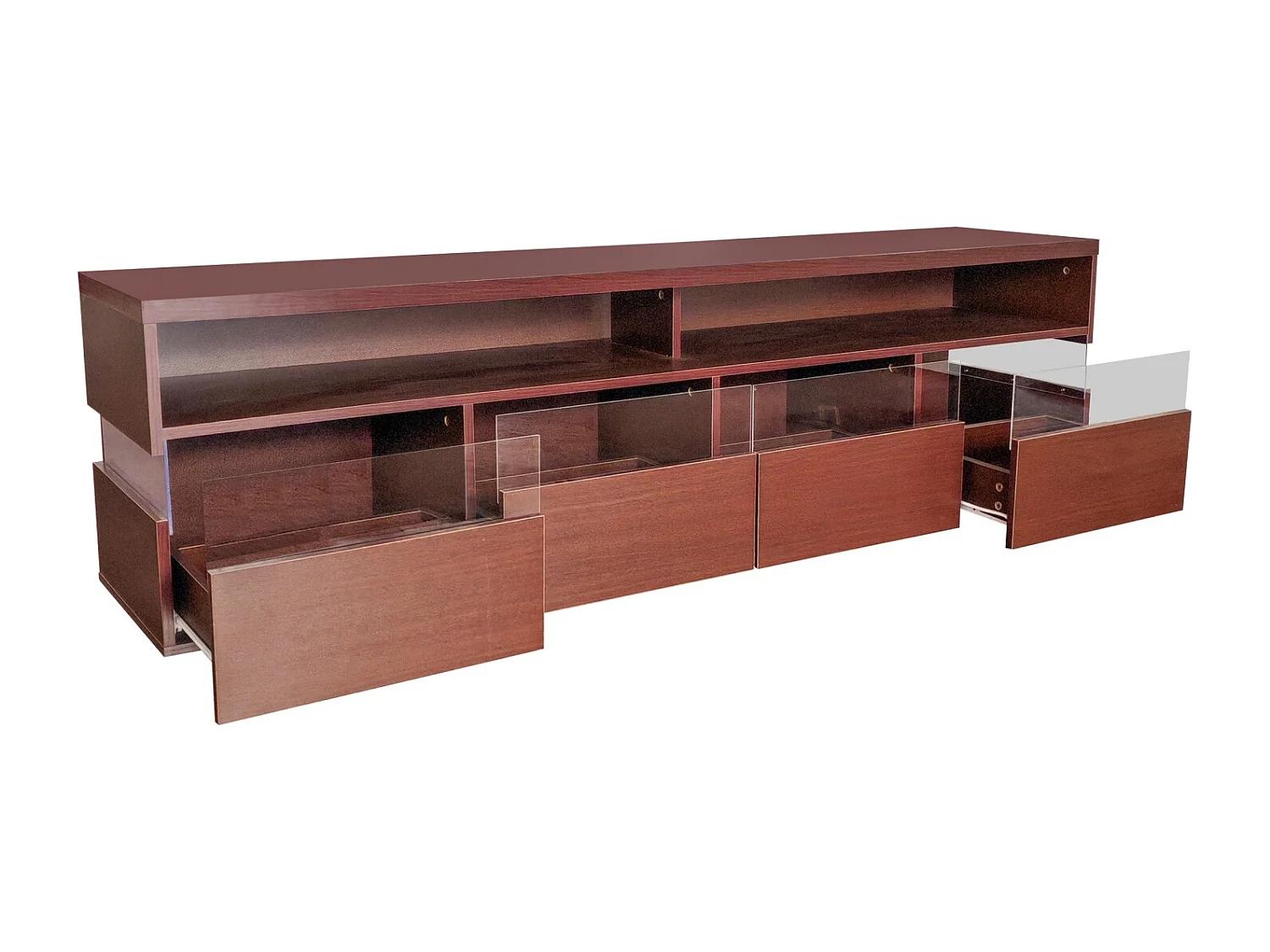 Meuble TV en bois 173,5x55x38cm, panneau bas avecLED, 2 compartiments et 4 tiroirs, beaucoup d'espace de rangement, Naturel